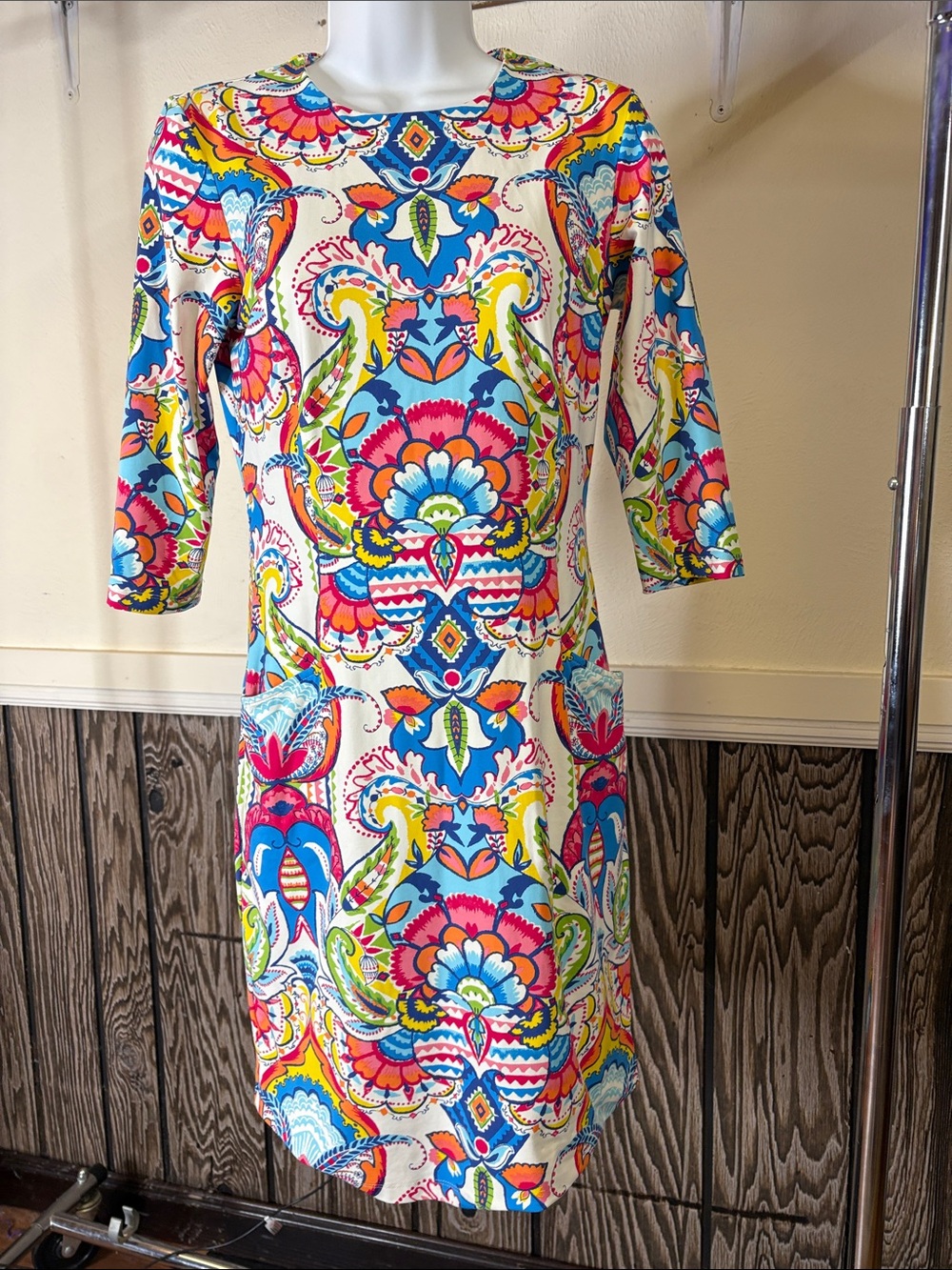 J. McLaughlin White Multicolor Floral-Print Long Sleeve Shift Dress
